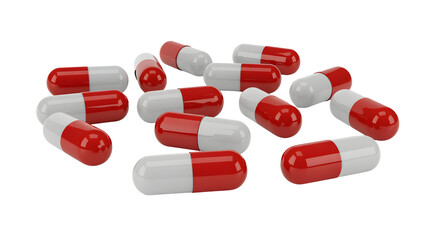 A scattered pile of red and white capsule pills on a black background in a studio setting view