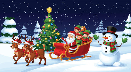 Santa Claus in sleigh with elves and reindeer, snowman waving near Christmas tree, festive winter scene symbolizing joy, holiday spirit, and celebration
