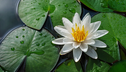 White Water Lily Flower And Green Leaves In A Pond After Rain Seen Obliquely From Above