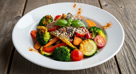 Colorful medley of grilled vegetables adorned with mixed seeds plating art