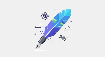 Vibrant Blue Feather Pen with Abstract Symbols.