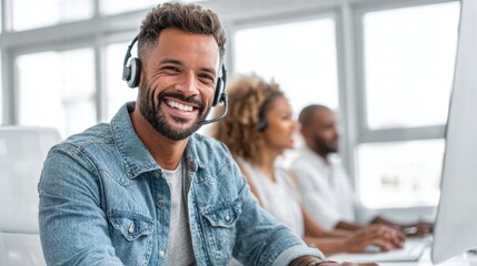 Smiling customer service representative with colleagues in a modern office setting.
