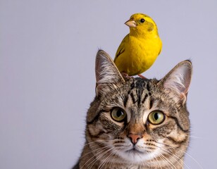 A cat with a yellow bird perched on its head. Close-up shot
