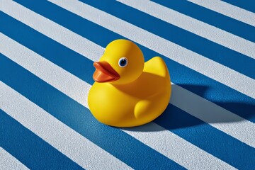 Yellow Rubber Duck on Blue White Striped Surface