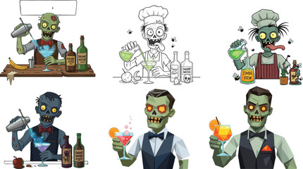 Cartoon zombie bartenders mixing spooky Halloween cocktails with brain juice and zombie brew, vector illustration for horror drink and undead theme