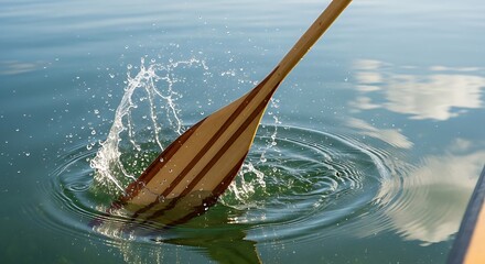 Close-up of wooden paddle creating splash and ripples in turquoise water