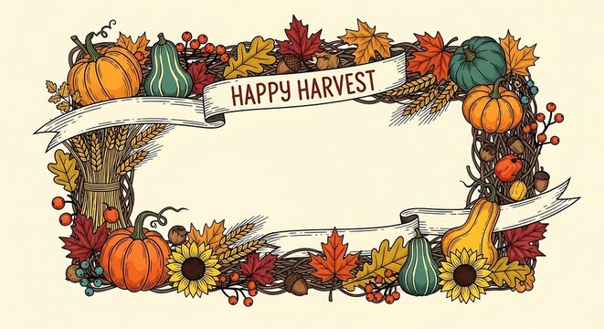 Charming harvest illustration featuring pumpkins, wheat and fall foliage
