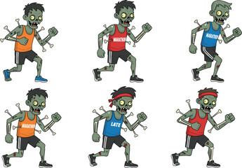 Cartoon zombie marathon runners in athletic gear with exposed bones, humorous horror sports theme, vector illustration set for Halloween content