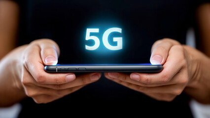 Person using smartphone with 5G connectivity in hand indoors, showcasing modern digital technology