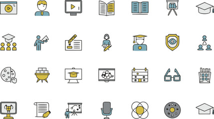 Discover Education Icons: Teachers, Books, Videos, and Grad Caps for Learning and Teaching Resources