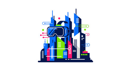 Virtual Reality Headset Futuristic Cityscape.