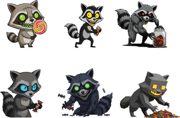 Cartoon zombie raccoons collecting candy and feasting, creepy undead animals with glowing eyes for Halloween vector content illustration and stock use