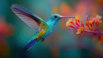 Fototapeta premium Vibrant hummingbird in flight, feeding on flower
