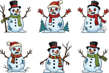 Cartoon zombie snowmen with winter hats, scarves, twig arms in snowy settings, holiday horror theme vector illustration set for seasonal content