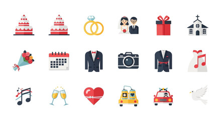 Wedding and Marriage Flat Icons Set.