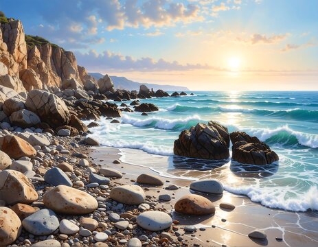 Coastal sunrise, rocky beach
