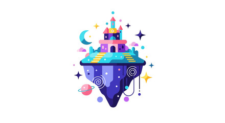 Whimsical Floating Castle with Celestial Elements and Vibrant Colors.