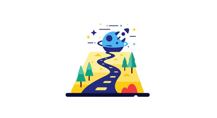 Whimsical Journey to Space - A Cartoon Landscape with a Winding Road Leading to a Planet.