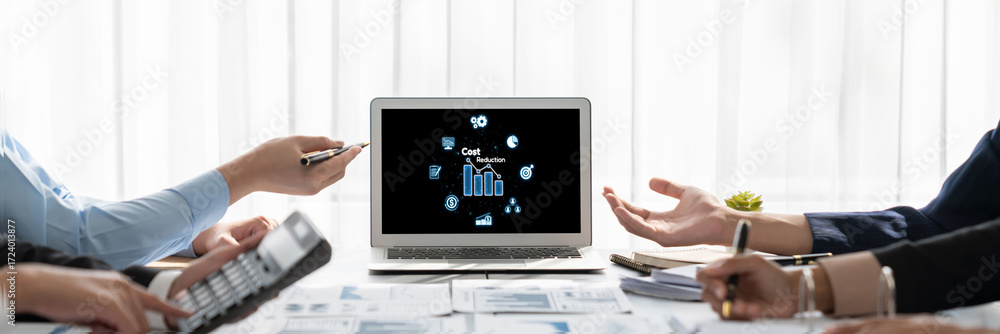 Poster cost reduction, cost saving concept shown on computer screen brisk, corporate business efficiently s