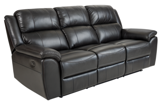 Modern black leather reclining sofa isolated on transparent background