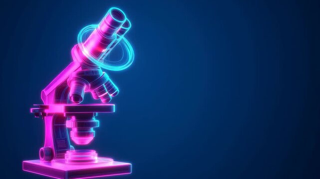 Microscope icon with colorful neon lines on a vibrant blue background, microscope icon and neon colourful lines on blue background