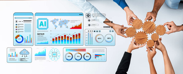 A dynamic workspace scene featuring a team collaborating on data analytics and artificial intelligence strategies, showcasing graphs, charts, and tools for effective insights. Trope