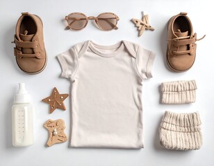 Baby clothing and accessories laid out on a white surface