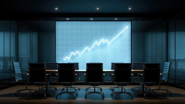 Empty conference room, glowing chart, night