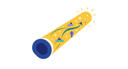 Yellow and blue confetti popper with arrows and stars.