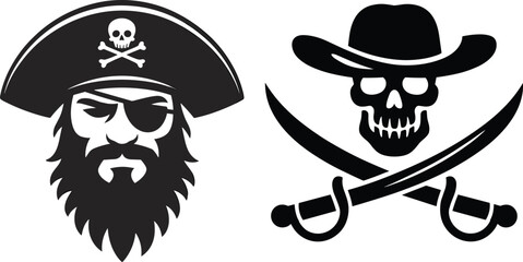 skull Pirate with crossed swords and bearded pirate face in hat, black vector design symbolizing adventure, character art, danger,