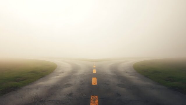 An abstract crossroads with two diverging paths in a misty morning, creating a sense of choice.