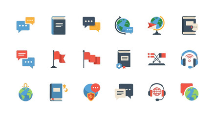 A colorful set of flat icons representing language and translation.