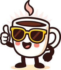 Smiling coffee cup character with sunglasses and thumbs-up gesture, steam rising from top, symbolizing energy, positivity, fun branding, and hot beverage appeal