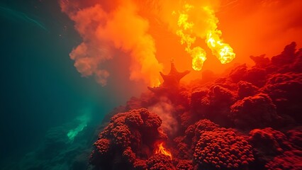 A terrifyingly beautiful underwater scene where the coral reef is consumed by an acidic neon-green and orange haze.