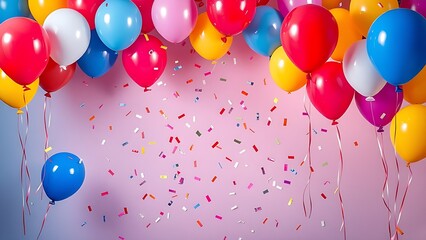 A vibrant celebration setup with floating balloons and confetti, evoking joy and festivity.