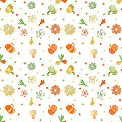 Colorful autumn pattern featuring pumpkins, leaves, and flowers on a white background celebrating seasonal harvest themes