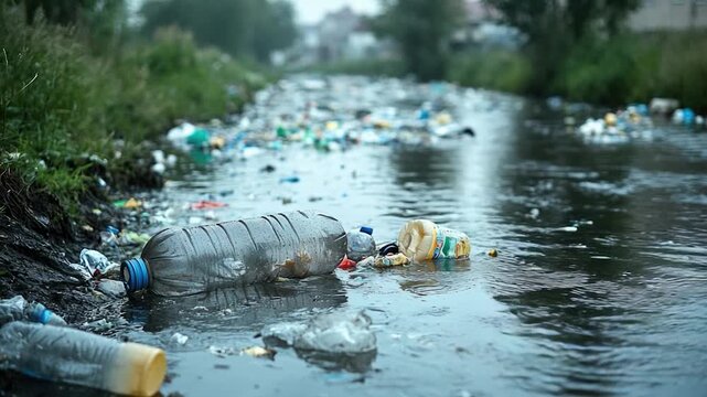 A polluted riverbank surrounded by trees, highlighting environmental issues