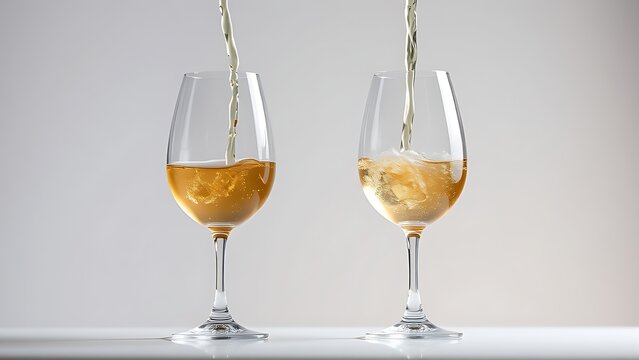 Elegant wine glasses capturing the graceful pour of white wine in a clean studio setting.
