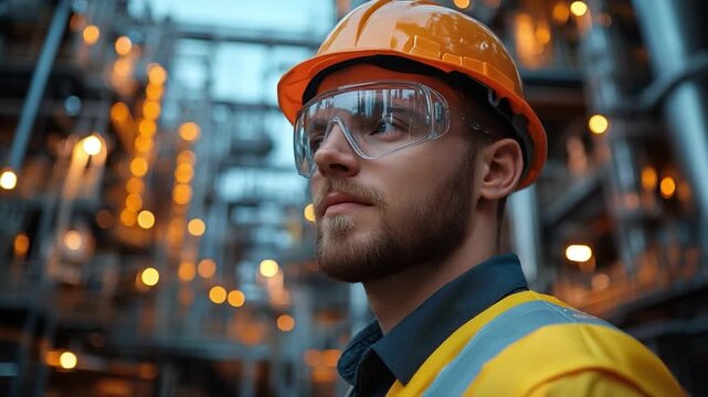 Industry Visionary: A determined individual, clad in safety gear, exudes confidence amidst the dynamic backdrop of an industrial complex, symbolizing expertise and leadership in action.