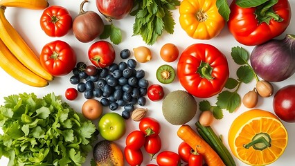 Vibrant assortment of fresh fruits and vegetables, arranged in an overhead composition with natural light.