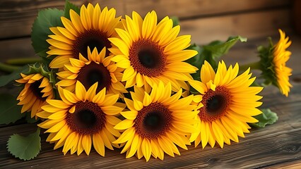 Fototapeta premium Close-up of vibrant sunflowers on a wooden surface, radiating warmth and rustic charm.