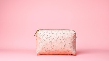 Obraz premium Elegant cosmetic bag on soft pink background, highlighting texture and design.