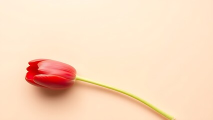 A single red tulip in top view, vibrant against a neutral backdrop, symbolizing simplicity and beauty.