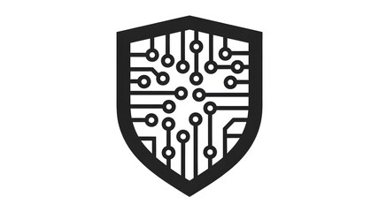 A black and white graphic of a shield containing a circuit board pattern on a white background