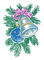 Festive Christmas decorations, blue ball and bell on green fir branch, traditional holiday symbols, vector hand drawn illustration, greeting card