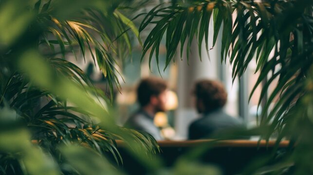Lush foliage frames a blurred couple