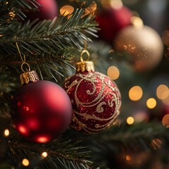 Fototapeta premium Close-up of elegant Christmas ornaments, red and gold baubles, pine branches, soft bokeh lights in the background, festive mood, macro photography style, high quality