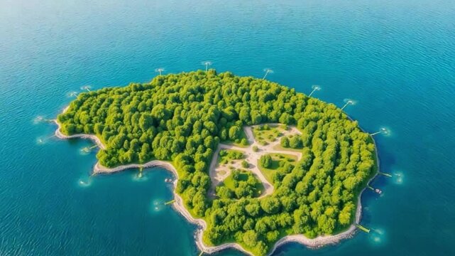 Futuristic Data Island with Binary Forest from Aerial View, smooth rotating drone movement