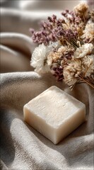 Artisan soap bar with dried flowers on linen creates a serene spa atmosphere perfect for wellness branding or natural skincare promotions.