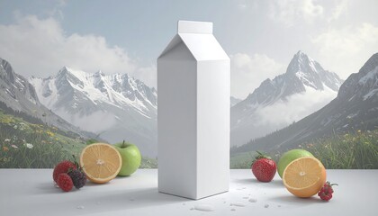 Blank carton of juice in front of a mountain landscape